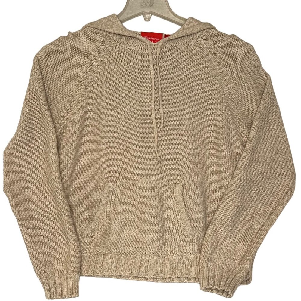 Liz Claiborne Beige Cotton Knit Hoodie Sweater Size XL Long Sleeve Pocket